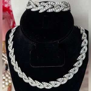 Vintage Rhinestone necklace & bracelet set silver tone